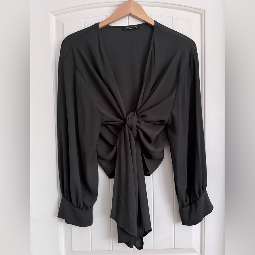 Final Touch Black Semi Sheer Tie Front Blouse Top Size Large Cover up Kimono